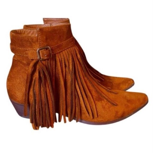 C Label Chestnut Brown Suede Fringe Zip Ankle Boot Women’s Size 6.5 - Picture 3 of 7